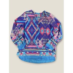 Buttons Blouse Womens Large Blue Pink‎ Tribal Aztec Southwest Long Sleeve V Neck